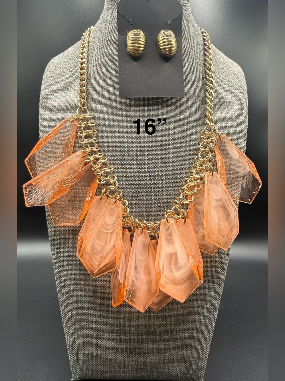 Gold Chain Necklace with Orange Statement Pendants and Matching Earrings